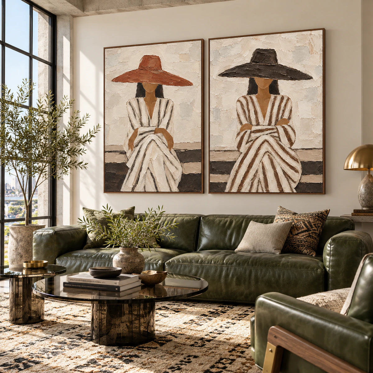 Veiled-Accord diptych in an expansive daylight loft interior.