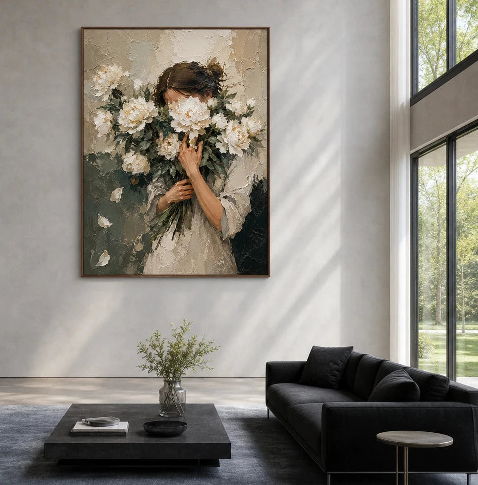 Large vertical Veiled-Bloom artwork displayed as the hero piece in a bright, expansive interior.