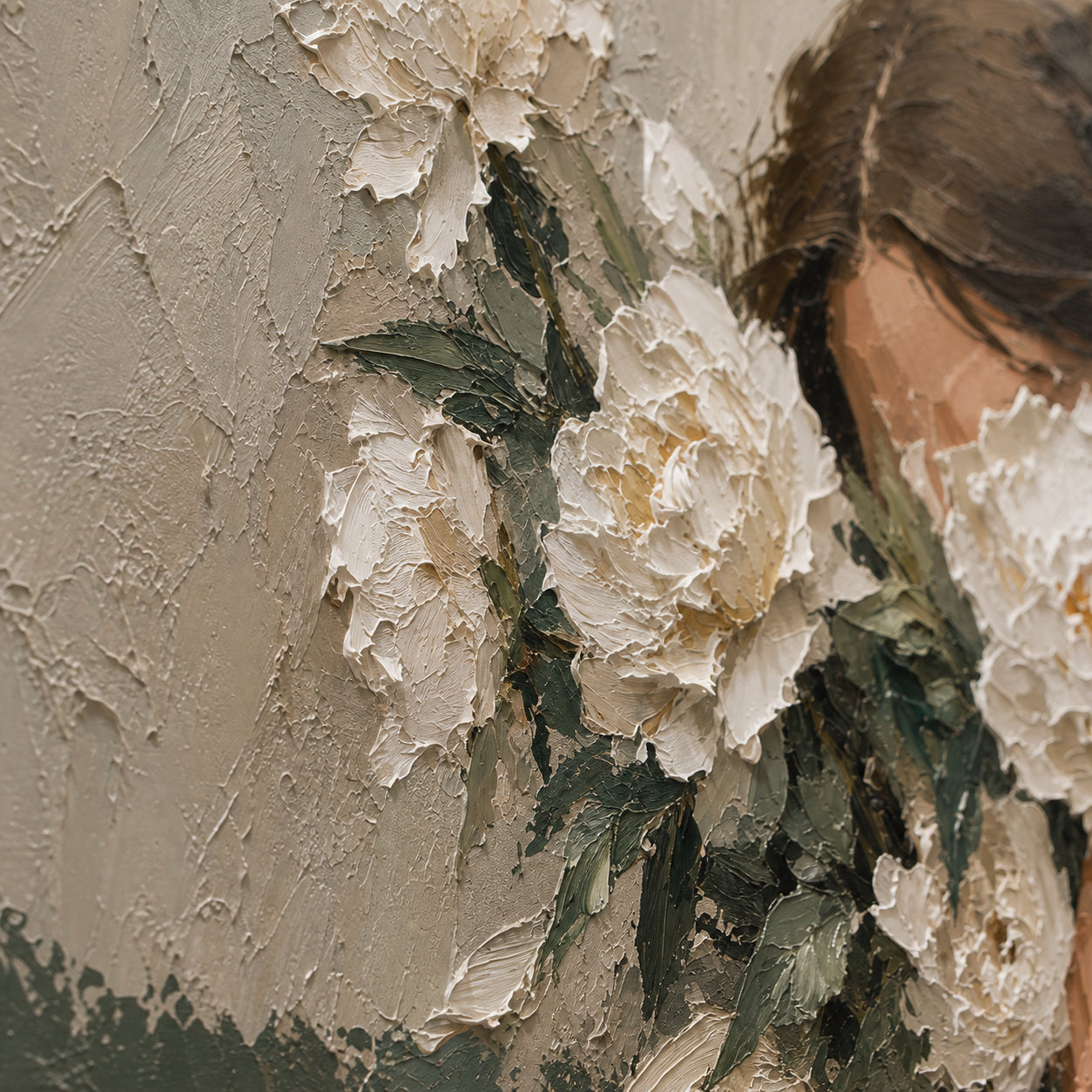 Close frontal view revealing the artwork’s pronounced floral ridges and layered surface marks.