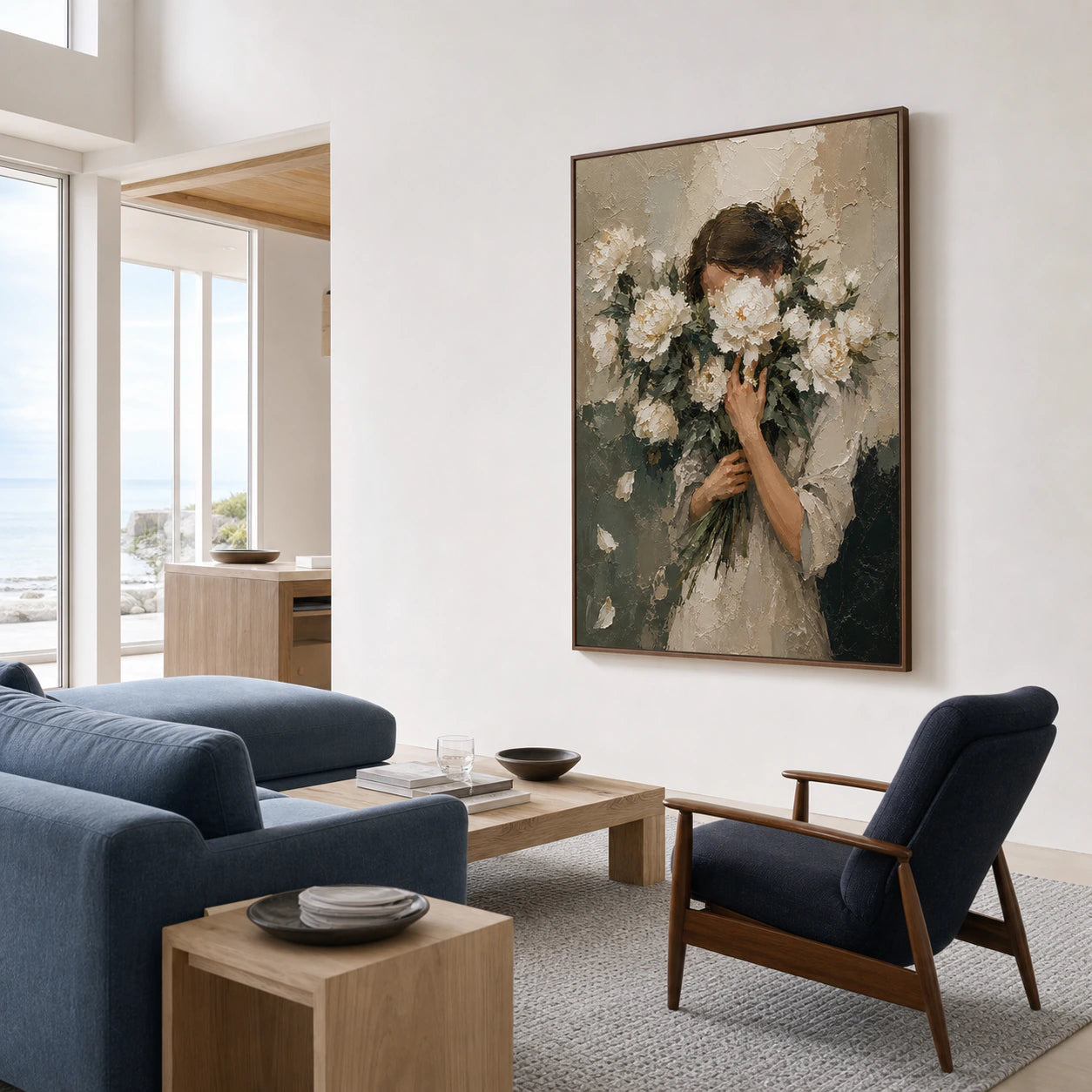 Veiled-Bloom presented prominently above contrasting slate-blue seating in a bright living room.