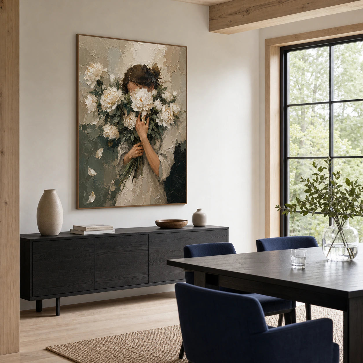 Large Veiled-Bloom artwork anchoring a refined dining room with dark furniture and natural daylight.