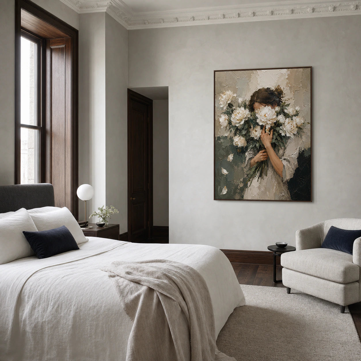 Veiled-Bloom displayed at statement scale in a calm bedroom with restrained cool-toned furnishings.