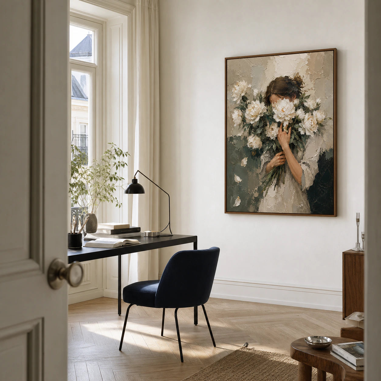 Large Veiled-Bloom artwork overlooking an airy home office and reading space.
