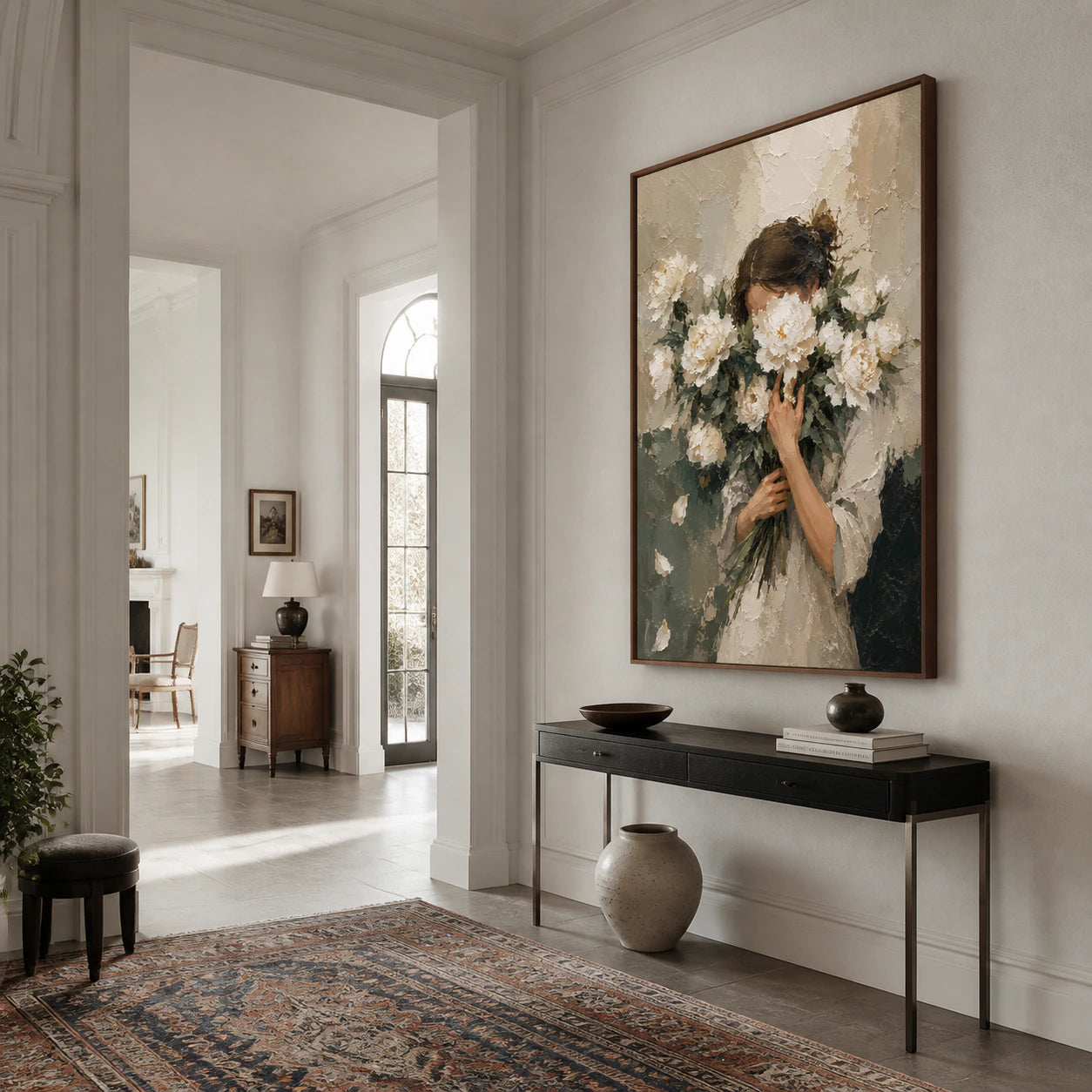 Gallery-scale Veiled-Bloom artwork commanding a bright, spacious foyer.