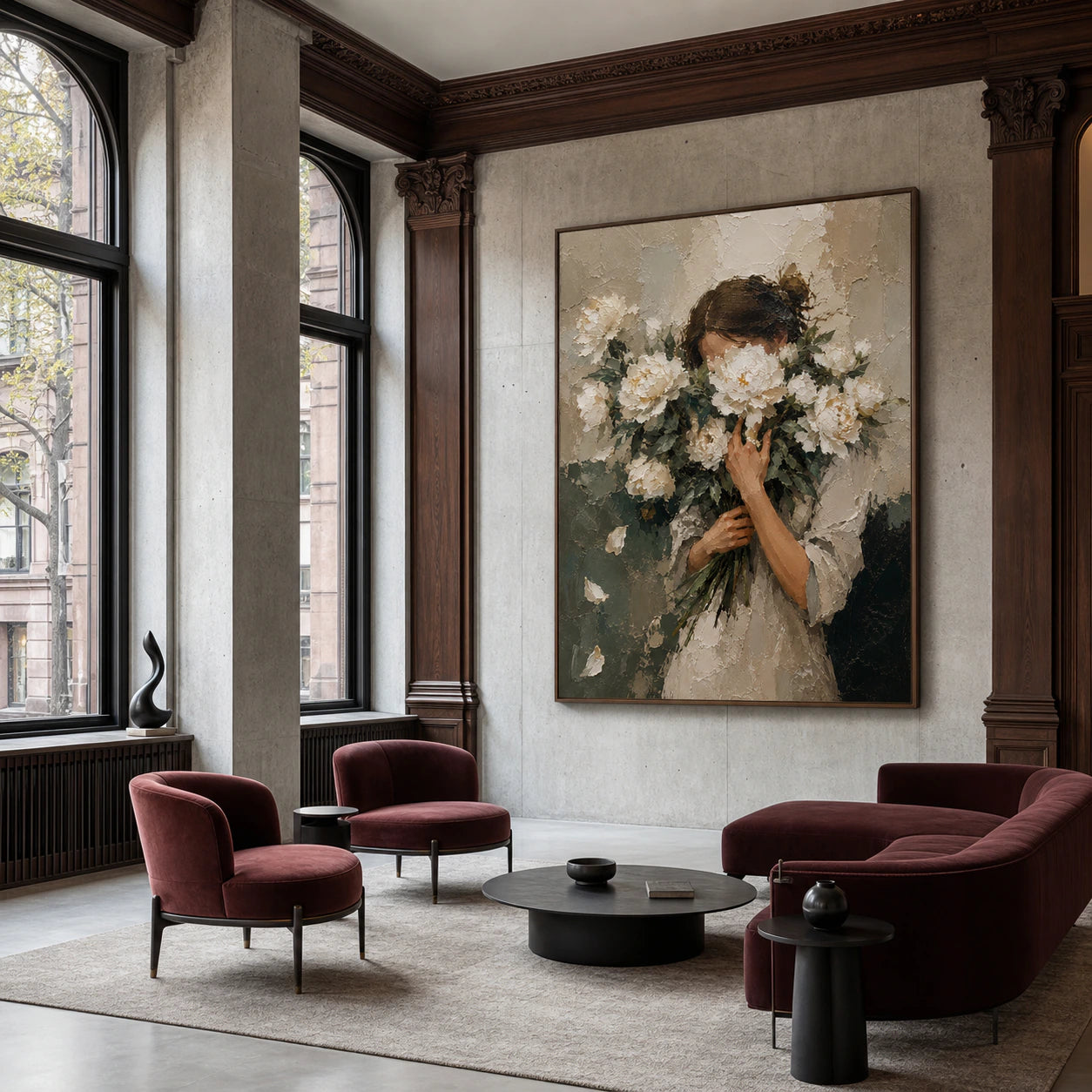 Veiled-Bloom presented as a monumental focal point in an expansive daylight-filled loft lounge.