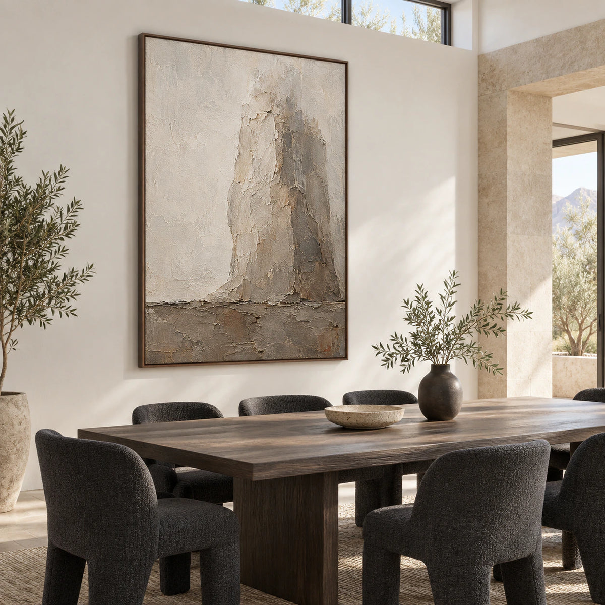 Veiled-Buttress above a refined dining setting in a naturally lit room.