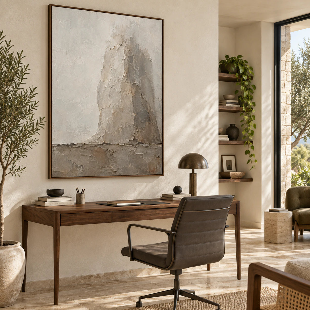 Veiled-Buttress as a large focal point in an airy home office reading space.