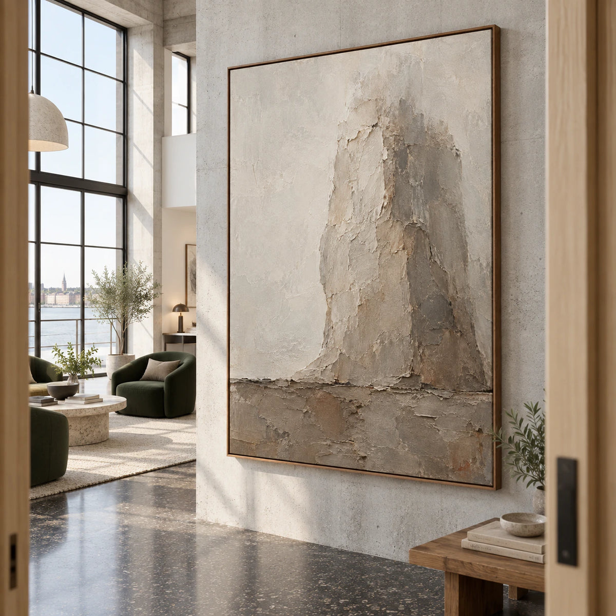 Veiled-Buttress anchoring an expansive, naturally lit loft hospitality interior.
