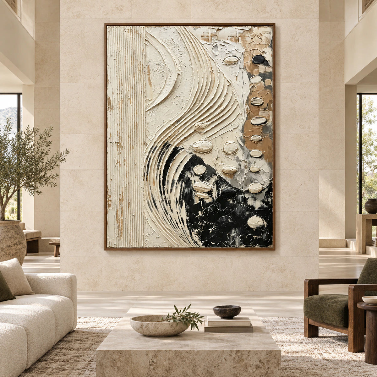 Veiled-Contour displayed at large scale in a spacious architectural living room, viewed perfectly straight-on.
