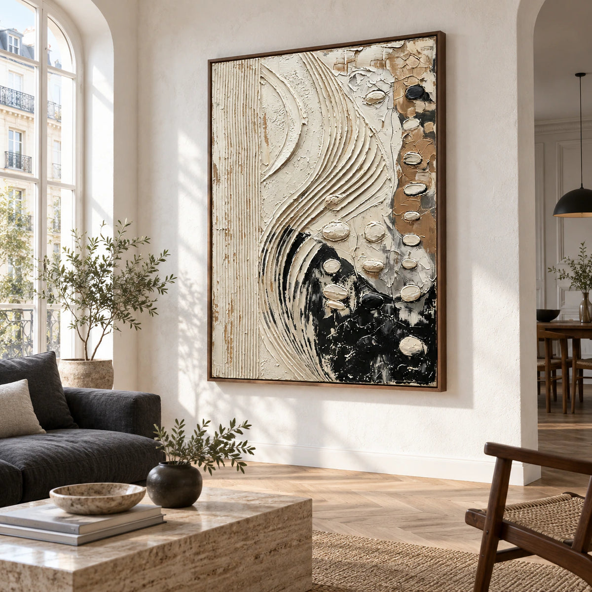 Veiled-Contour as the focal point above a restrained sofa in a bright contemporary living room.