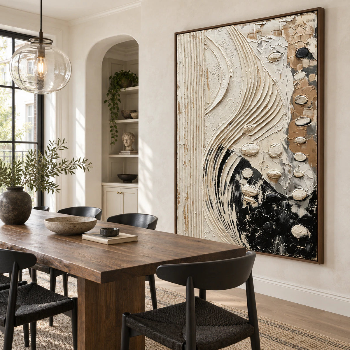Veiled-Contour at impressive scale in a refined daylight-filled dining room.
