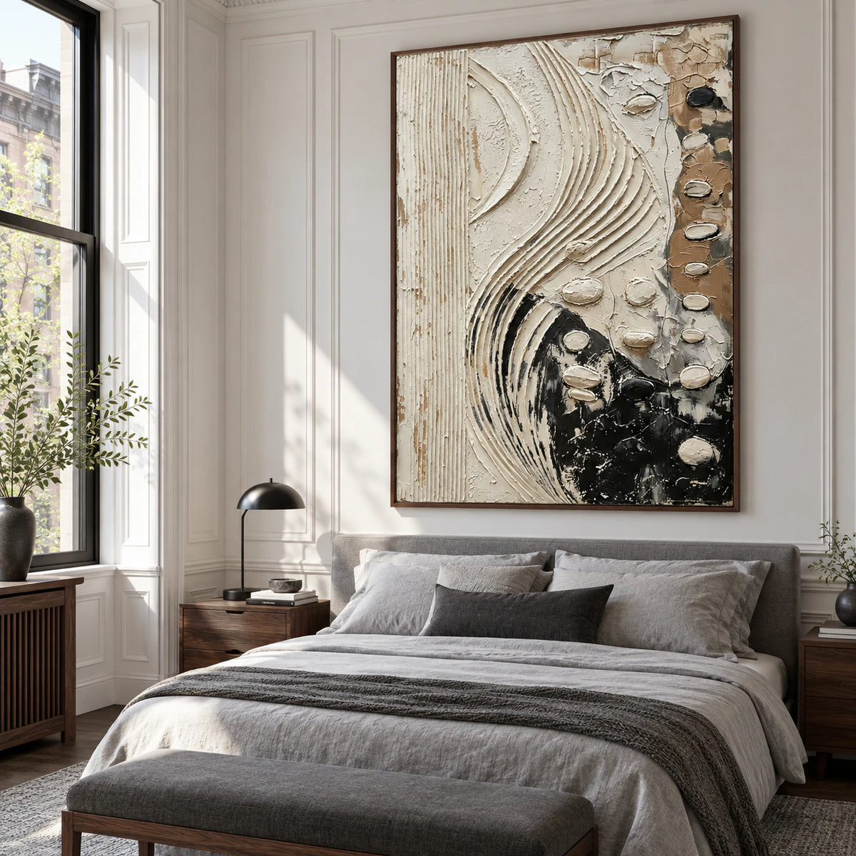 Veiled-Contour creating a tactile focal point in a calm, light-filled bedroom.