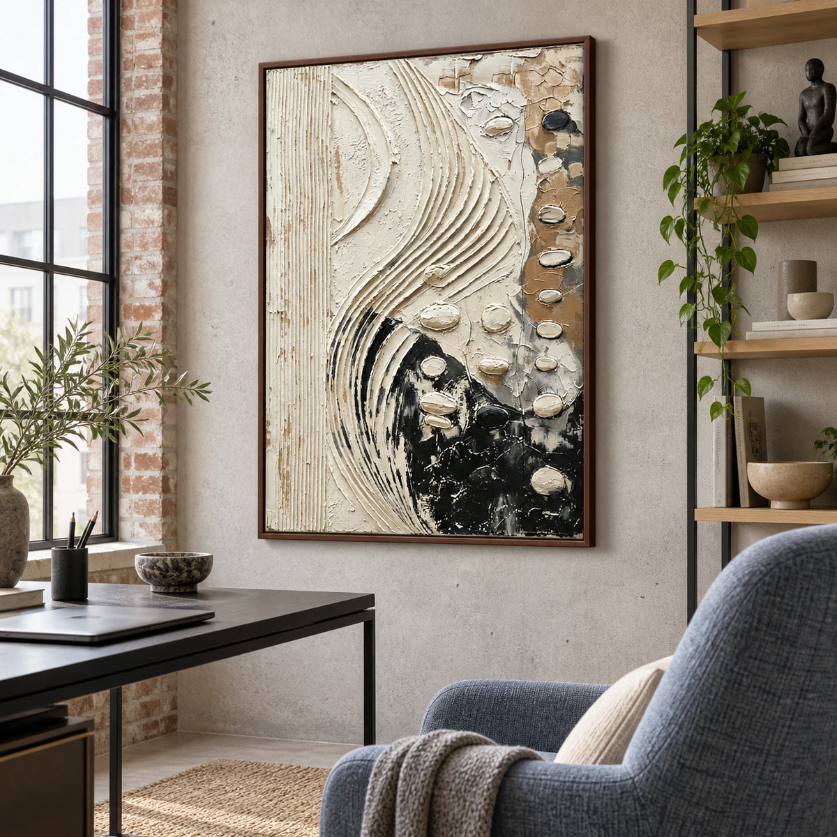 Veiled-Contour displayed prominently in an airy home office reading space.
