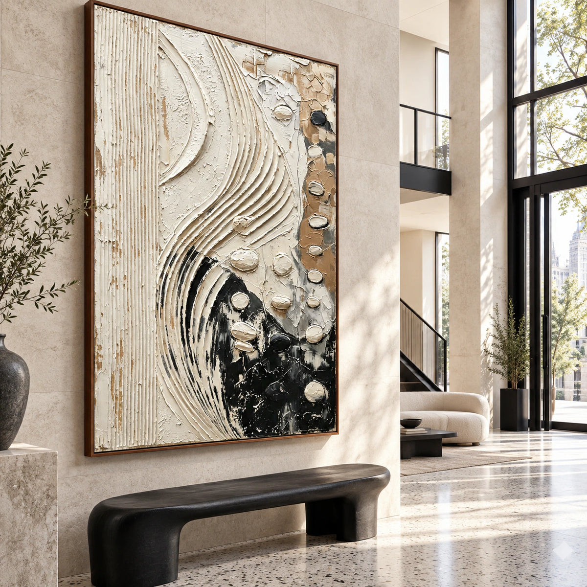 Veiled-Contour installed at gallery scale in a bright stone-lined foyer.