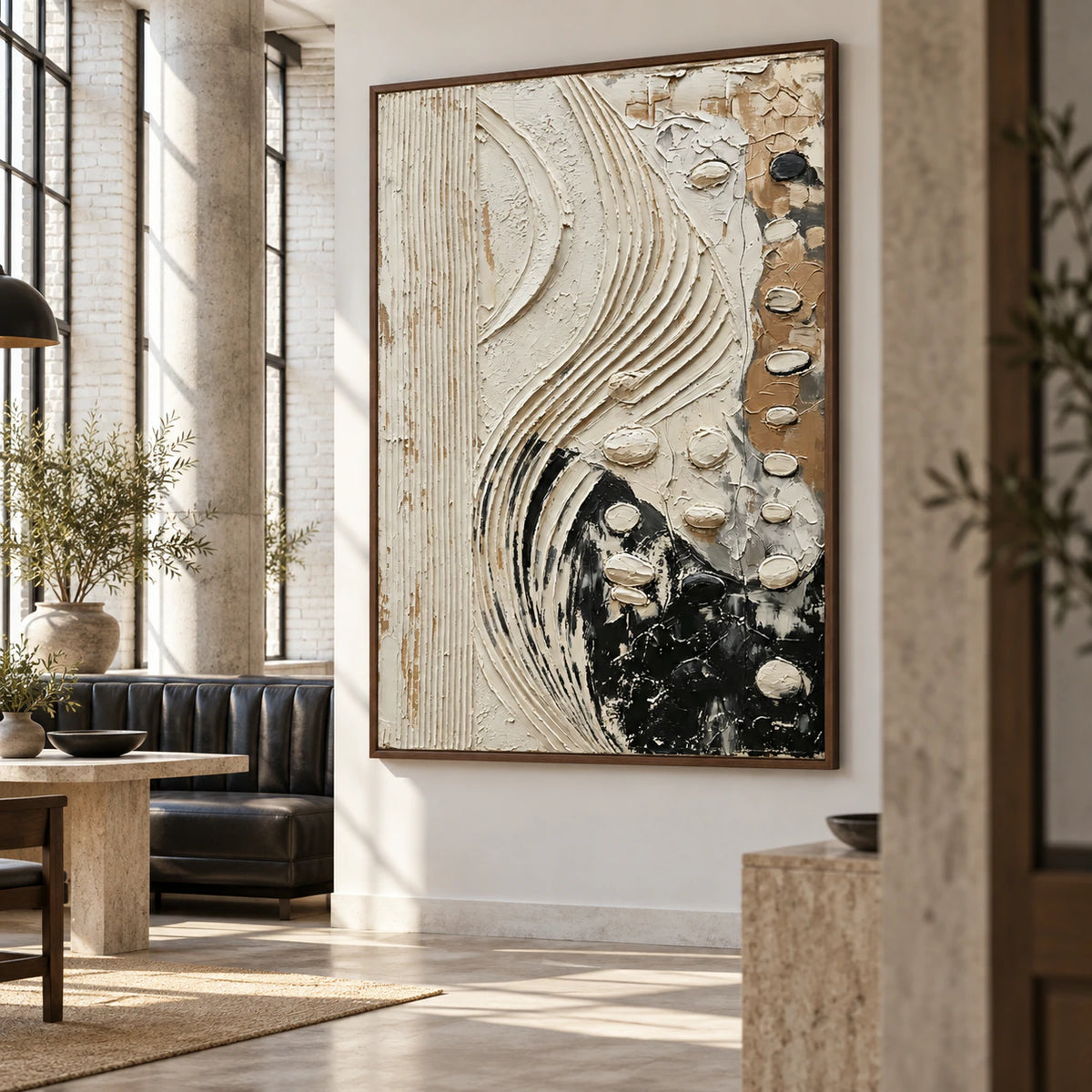 Veiled-Contour as a large-scale focal artwork in an expansive loft hospitality interior.