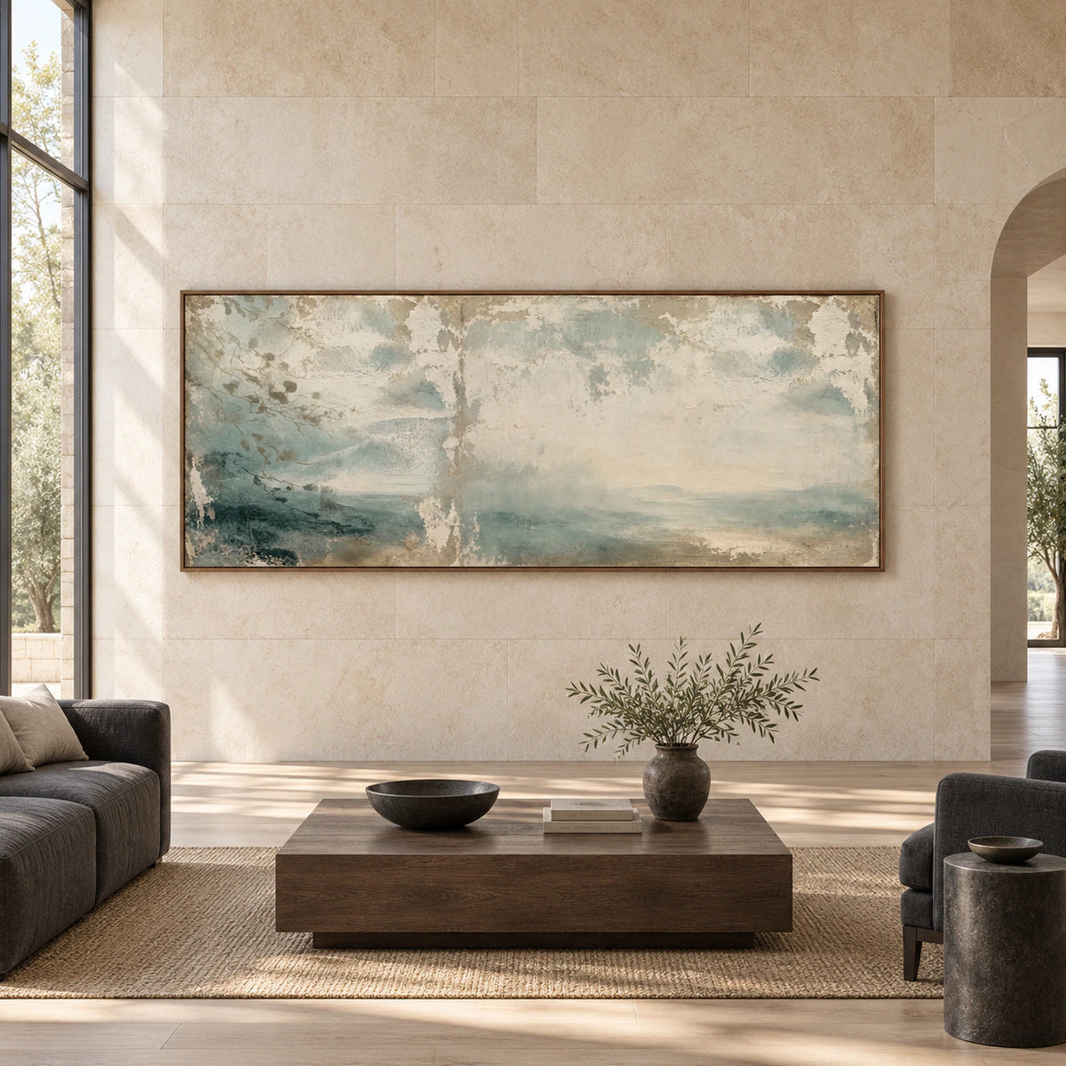 Veiled-Estuary shown large and straight-on in a spacious daylight interior.