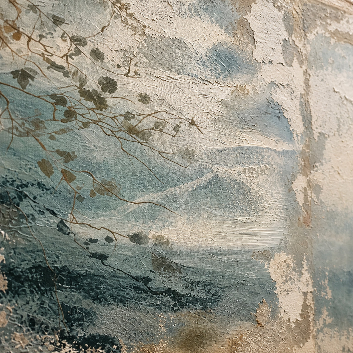 Veiled-Estuary oil painting brushwork and impasto detail photographed from an oblique side angle