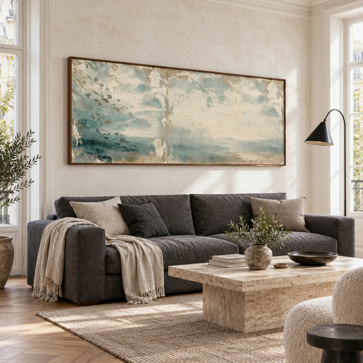 Veiled-Estuary above a sofa in a bright contemporary living room.