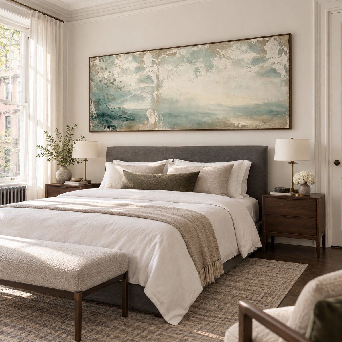 Veiled-Estuary as the focal artwork in a quiet bedroom.