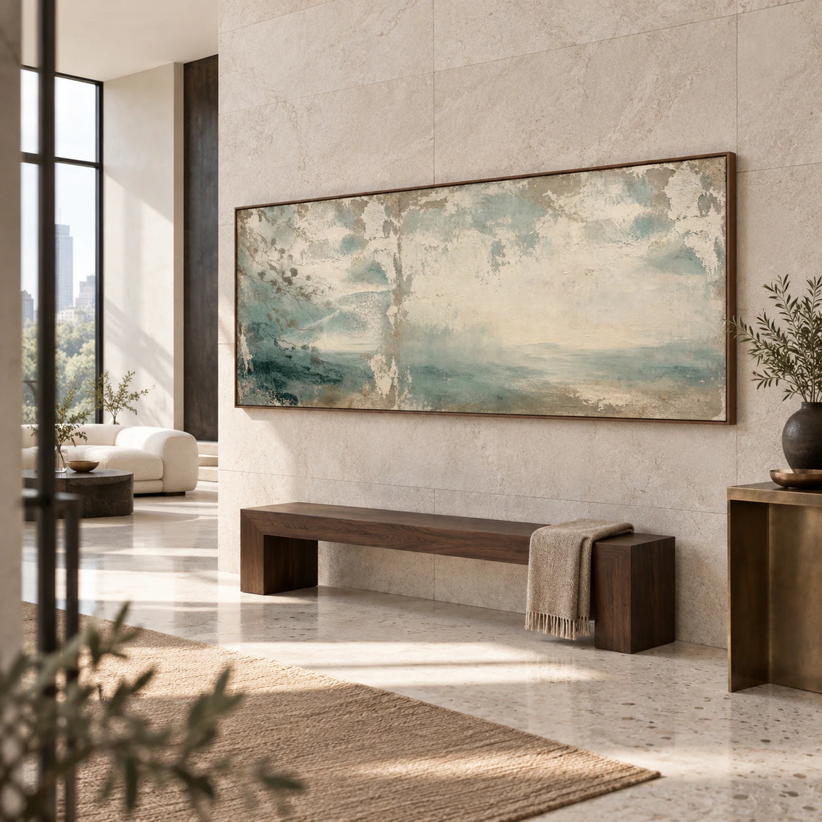Veiled-Estuary displayed at gallery scale in a bright foyer.
