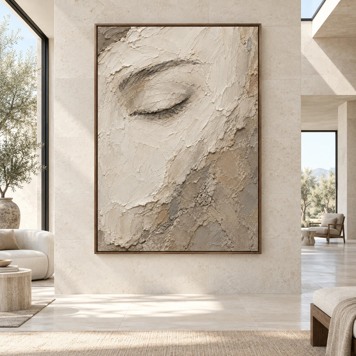 Large vertical Veiled-Gaze painting displayed straight-on in a spacious light-filled interior.
