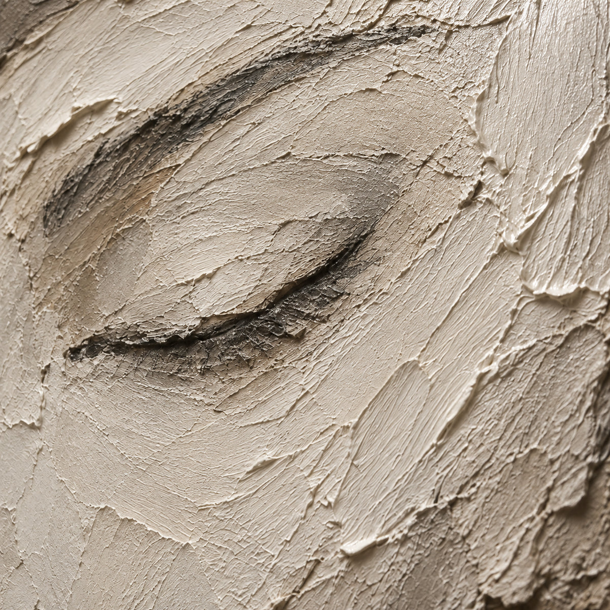 Veiled-Gaze oil painting brushwork and impasto detail photographed from an oblique side angle