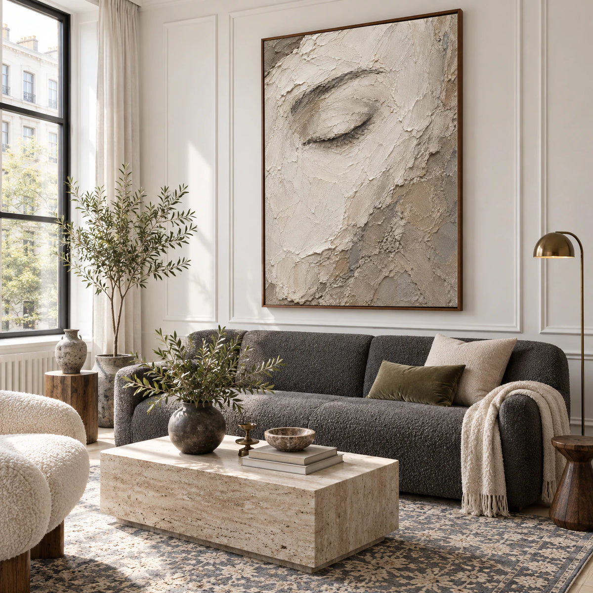 Veiled-Gaze as a large focal artwork in a bright contemporary living room.
