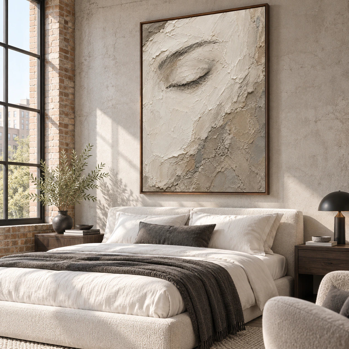Veiled-Gaze displayed prominently in a calm, bright bedroom.