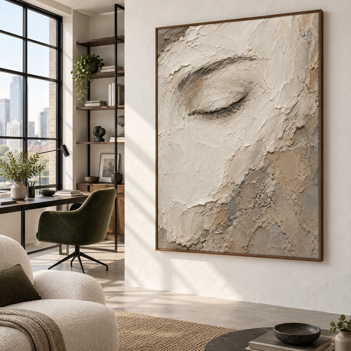 Veiled-Gaze as the focal artwork in an airy home office reading space.