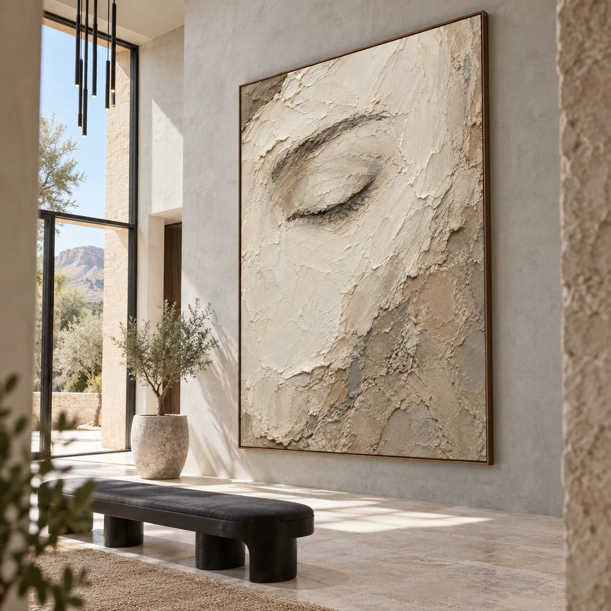 Gallery-scale Veiled-Gaze painting in a bright architectural foyer.