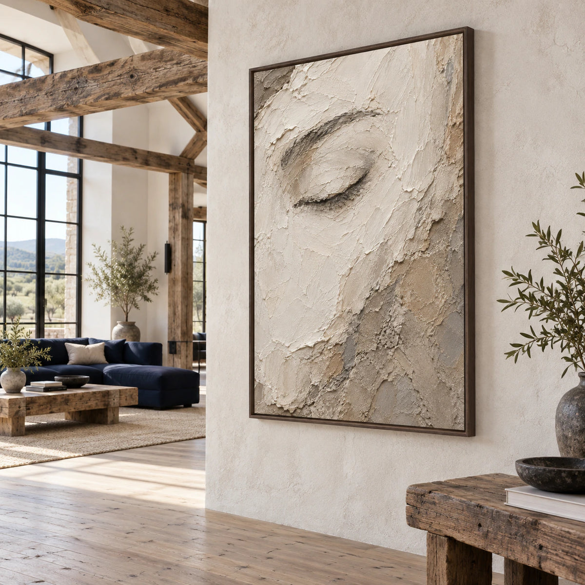 Large Veiled-Gaze painting featured in an expansive daylight-filled loft interior.