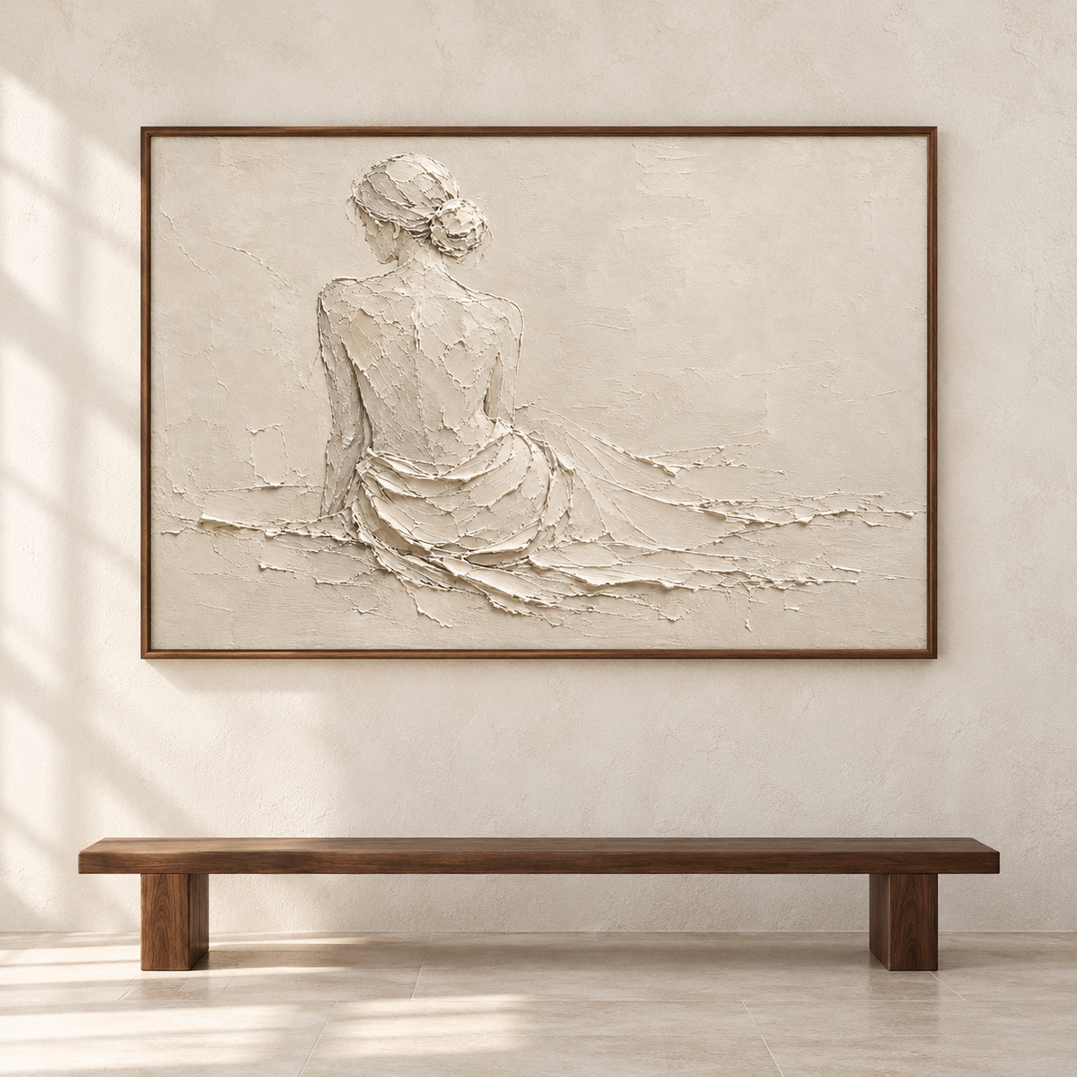 Large pale ivory textured painting of a seated woman in a flowing gown displayed prominently on a quiet gallery wall.