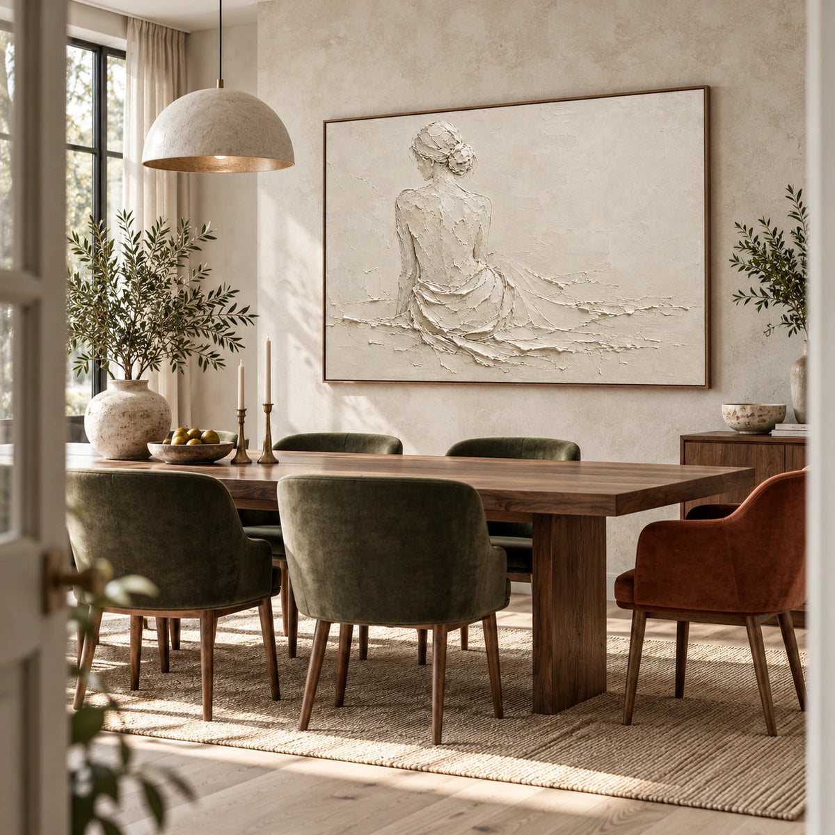 Textured ivory figure painting anchoring a refined dining room with a long timber table.