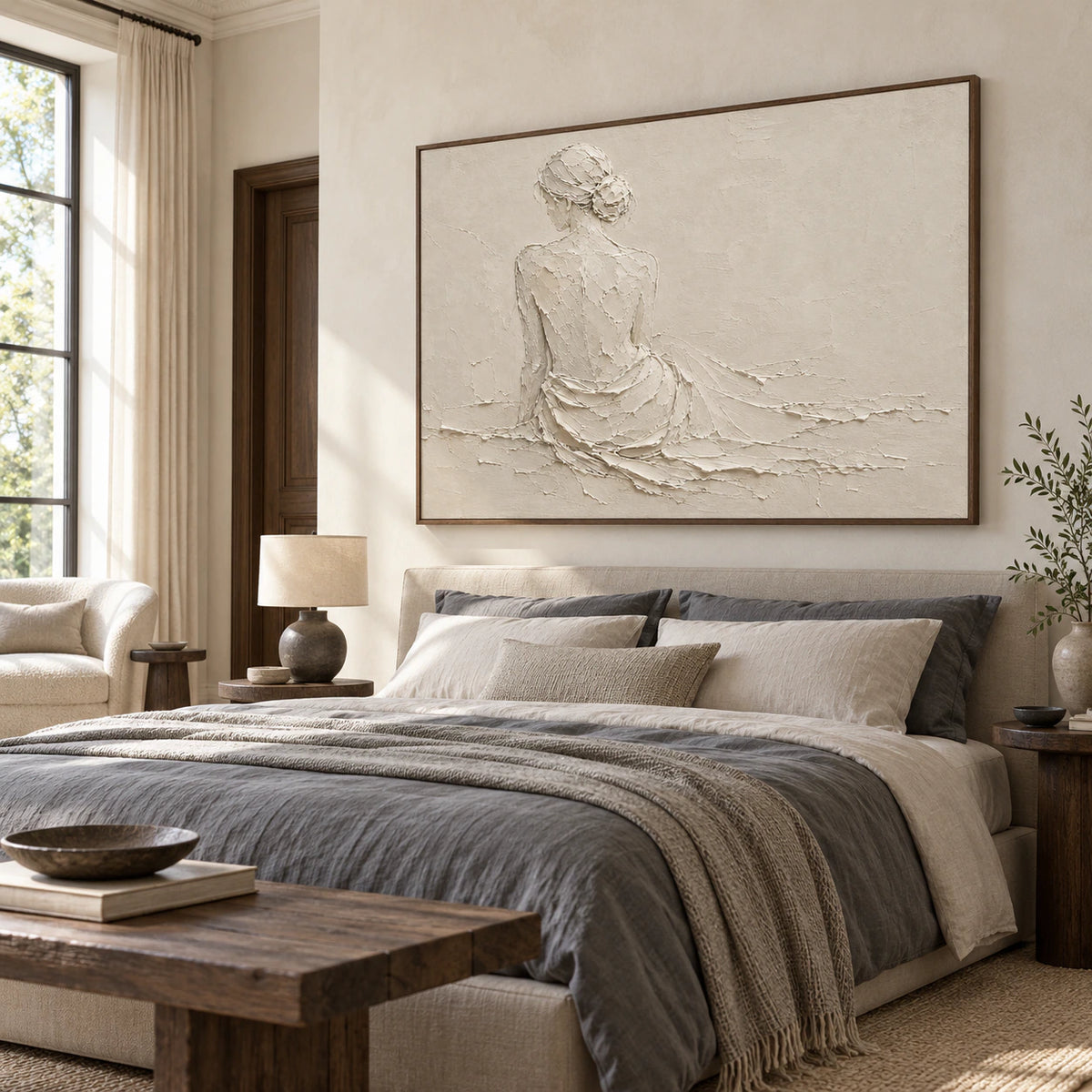 Pale monochrome figure painting above a simple bed in a quiet, sunlit bedroom.