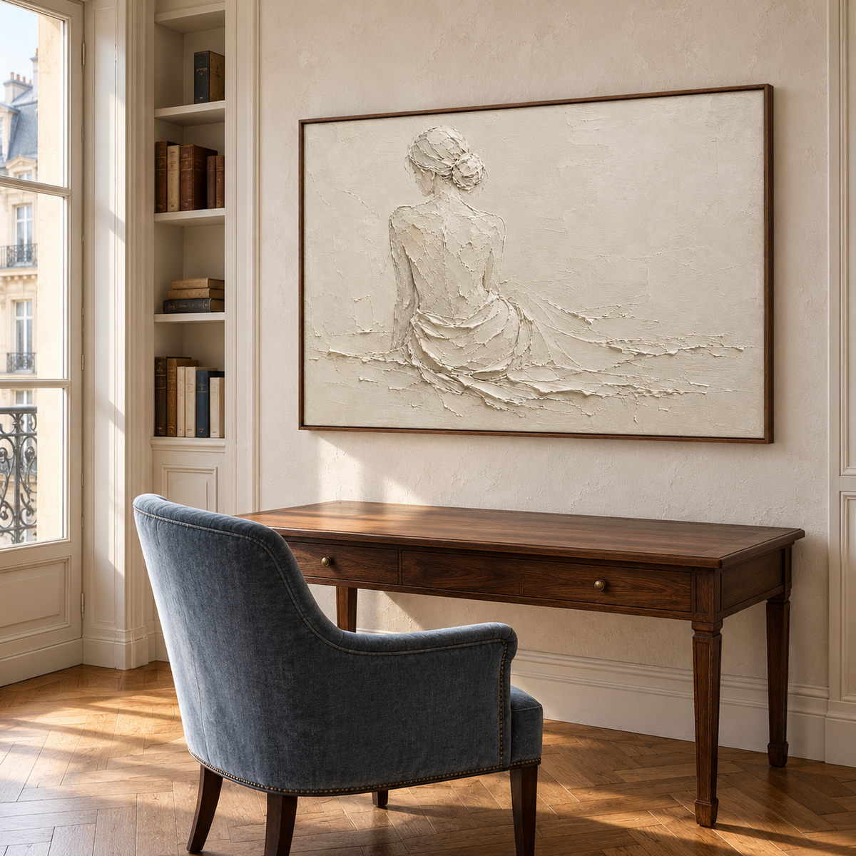 Ivory textured painting displayed in an airy home office beside a reading chair and desk.