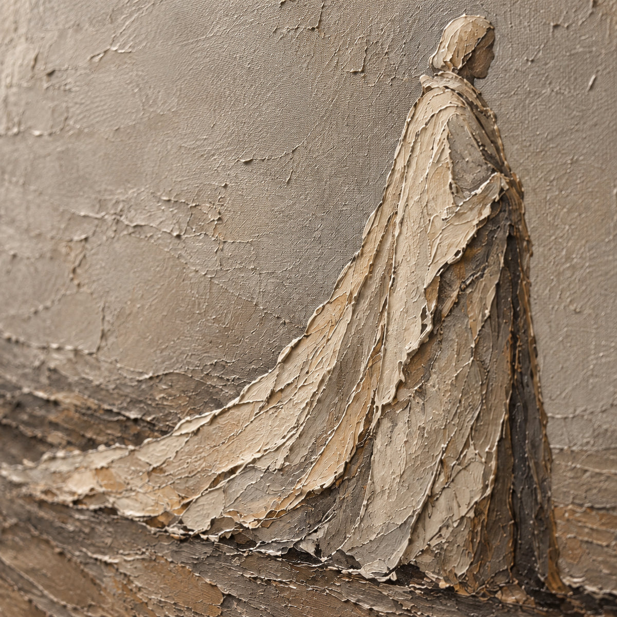Veiled-Horizon oil painting brushwork and impasto detail photographed from an oblique side angle