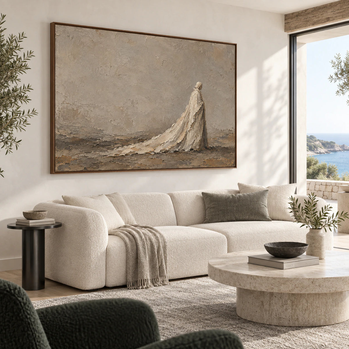 Veiled-Horizon above a restrained sofa in a bright contemporary living room.