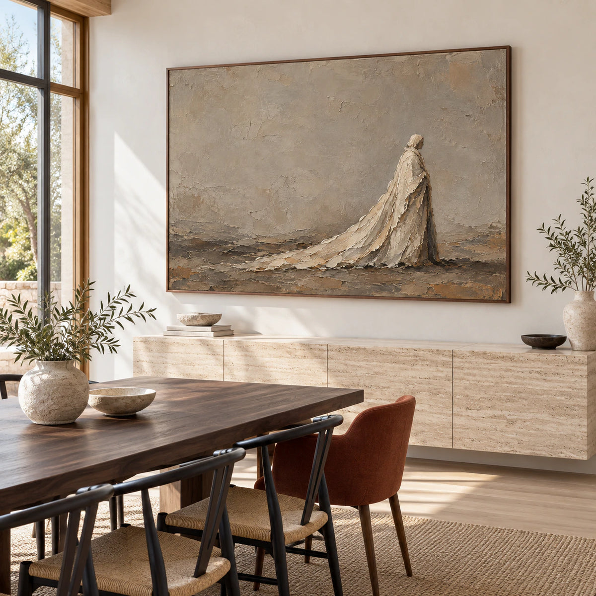 Veiled-Horizon as the focal artwork in a refined daylight dining room.