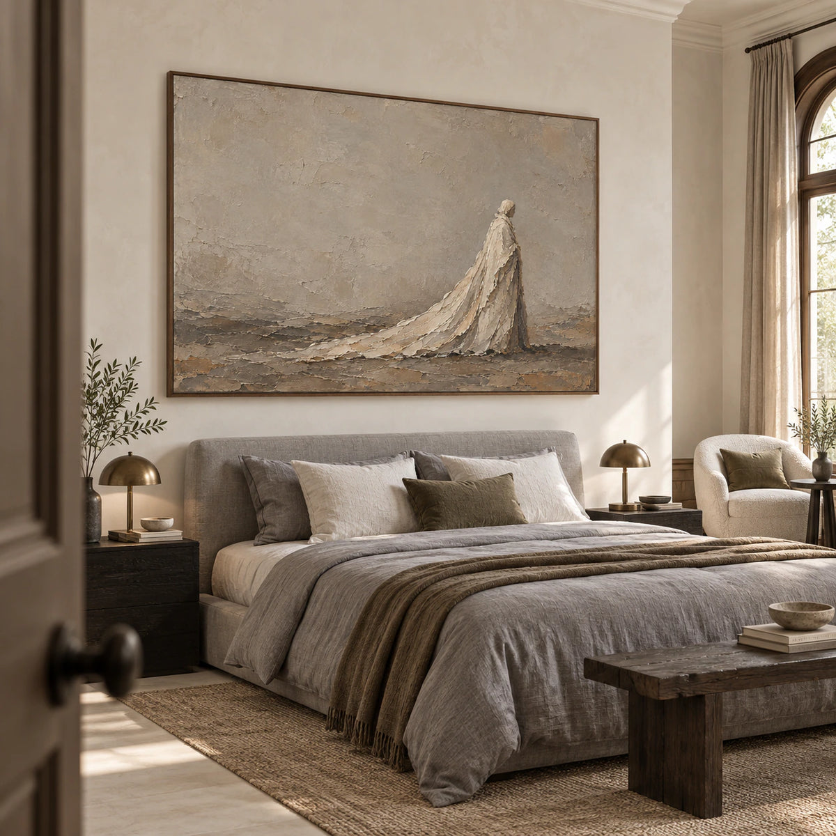 Veiled-Horizon above a low bed in a quiet, light-filled bedroom.