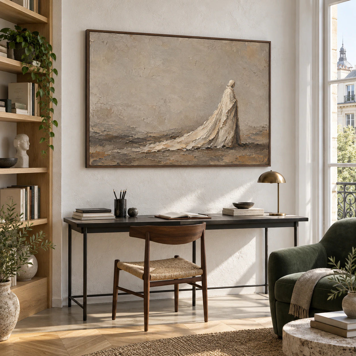 Veiled-Horizon anchoring an airy reading and home office space.