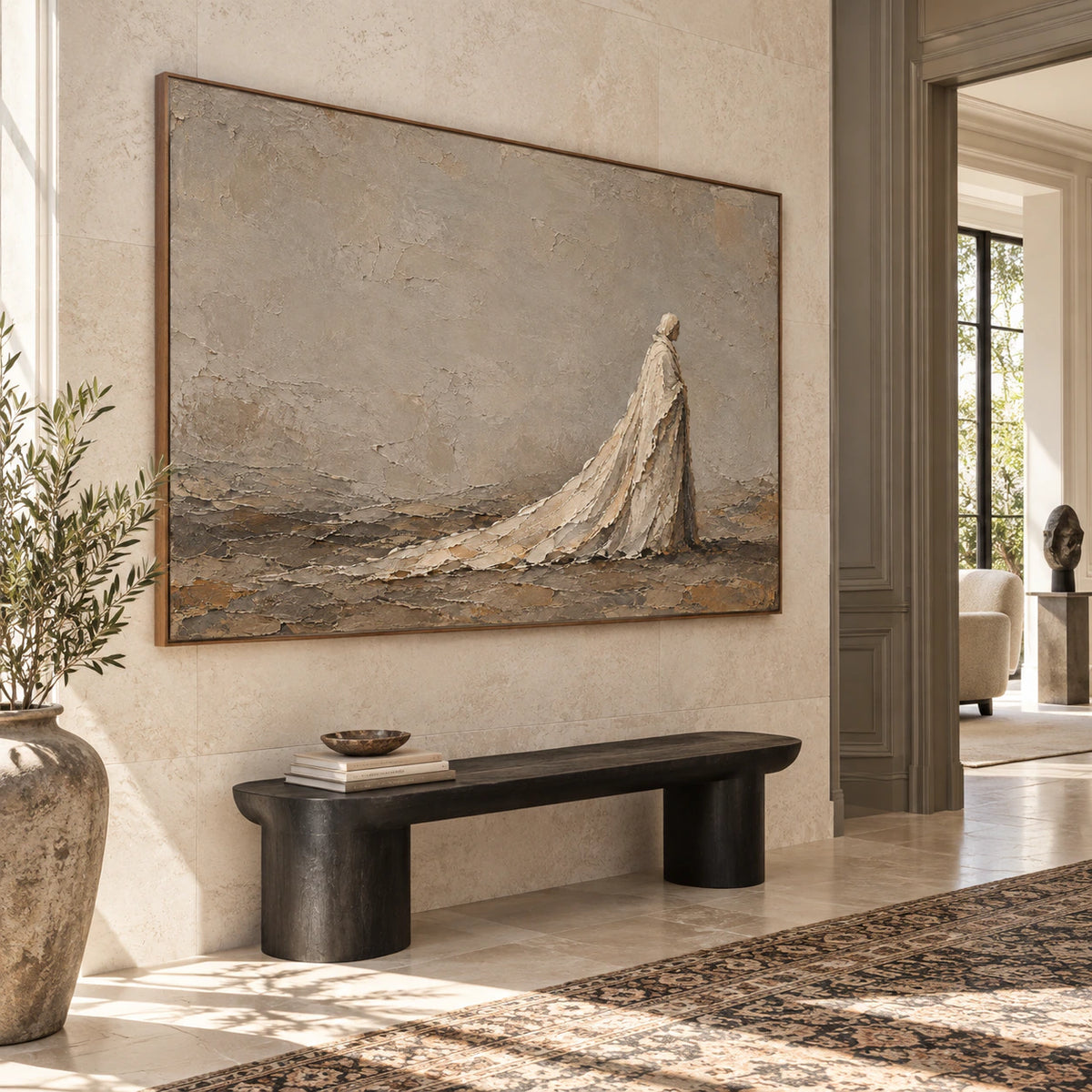 Veiled-Horizon presented at gallery scale in a sunlit foyer.