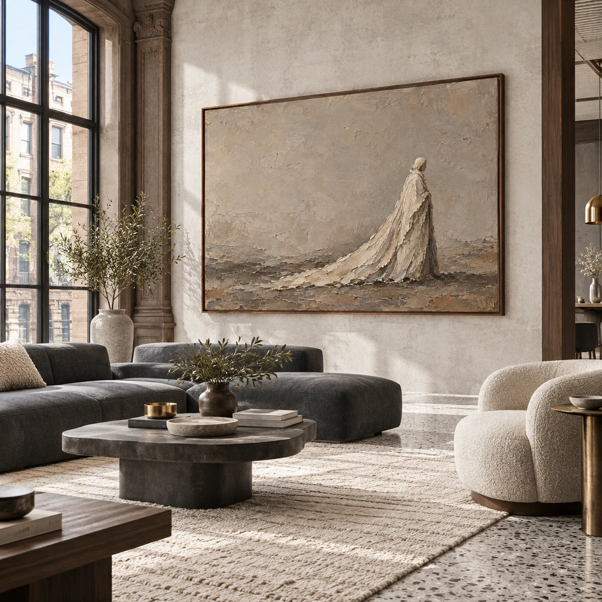 Veiled-Horizon as a large focal point in an expansive hospitality loft.
