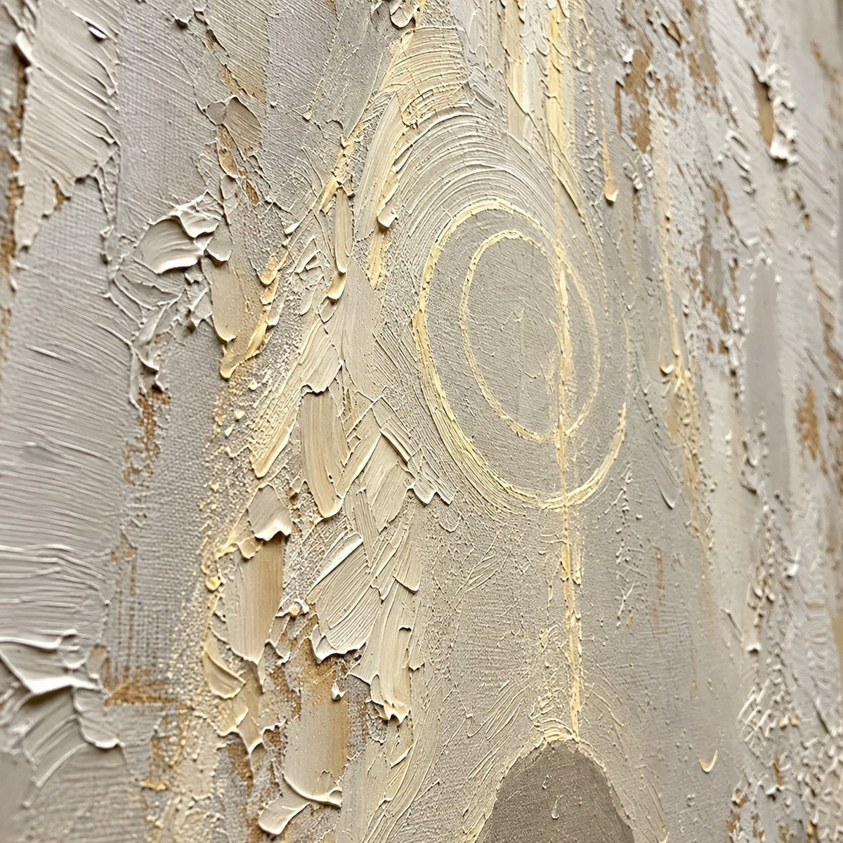 Veiled-Icon oil painting brushwork and impasto detail photographed from an oblique side angle
