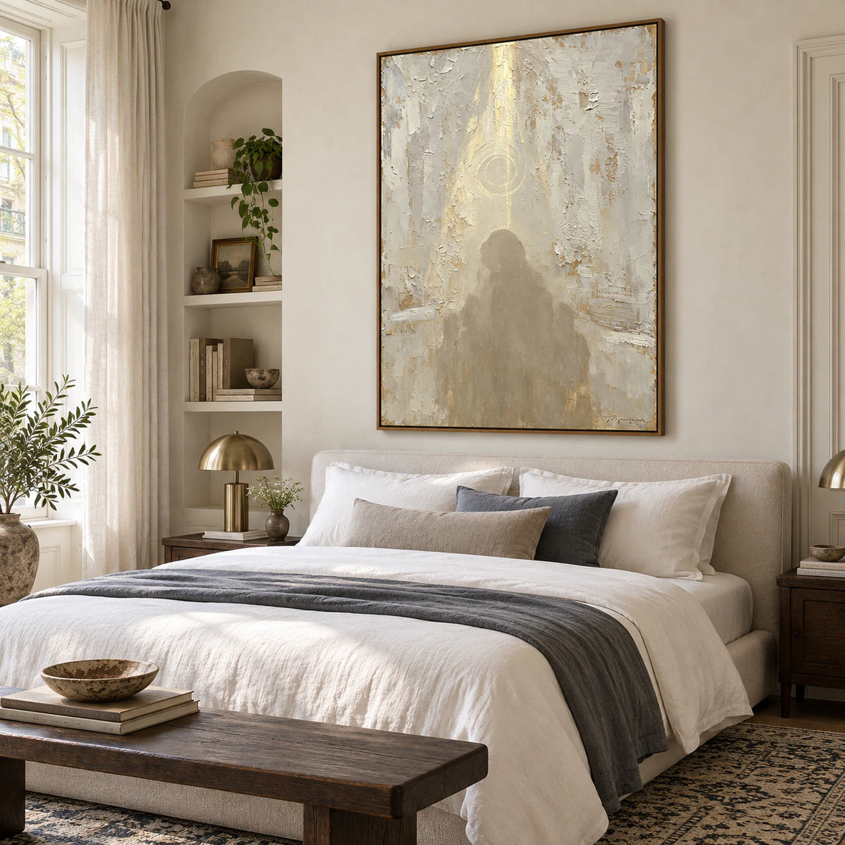Veiled-Icon bringing a quiet textured presence to a serene daylight bedroom.