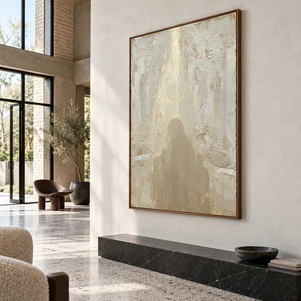 Veiled-Icon installed as a commanding vertical artwork in a gallery-scale foyer.