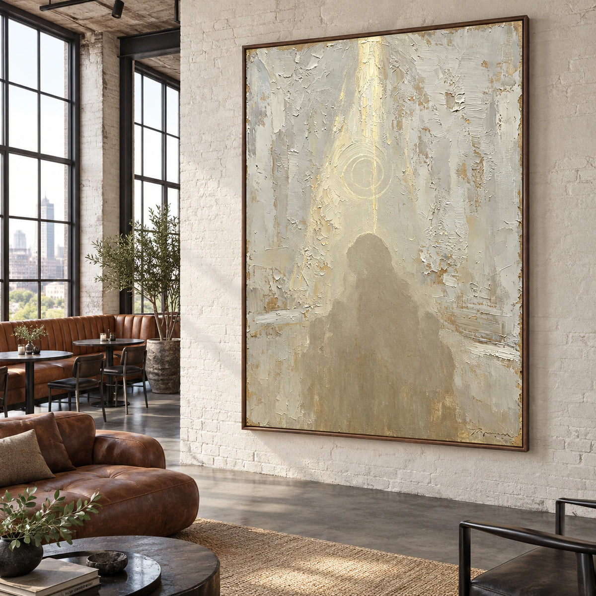 Veiled-Icon presented as the focal art piece in an expansive daylight loft interior.