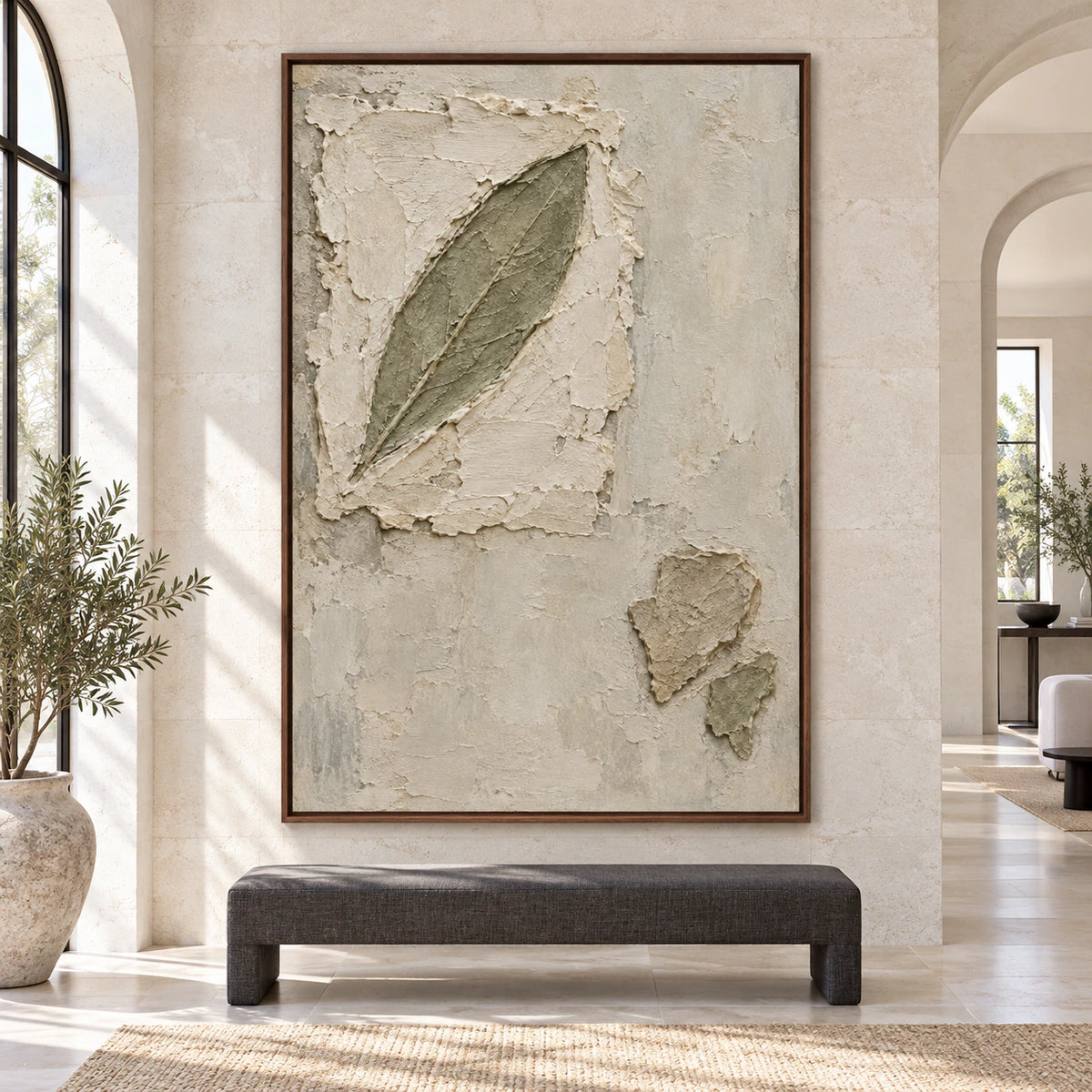 Large vertical Veiled-Leaf artwork shown straight-on in a bright, spacious architectural interior.