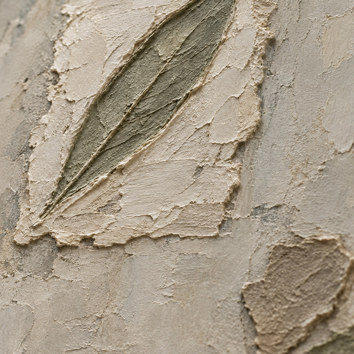 Veiled-Leaf oil painting brushwork and impasto detail photographed from an oblique side angle