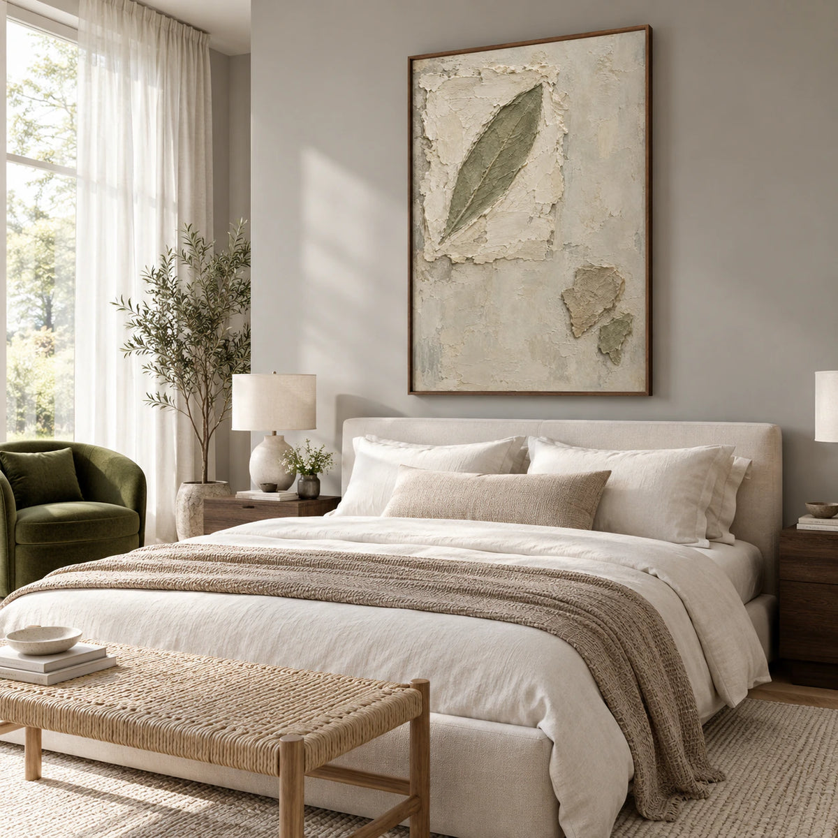 Veiled-Leaf displayed at large scale in a quiet, softly lit bedroom.