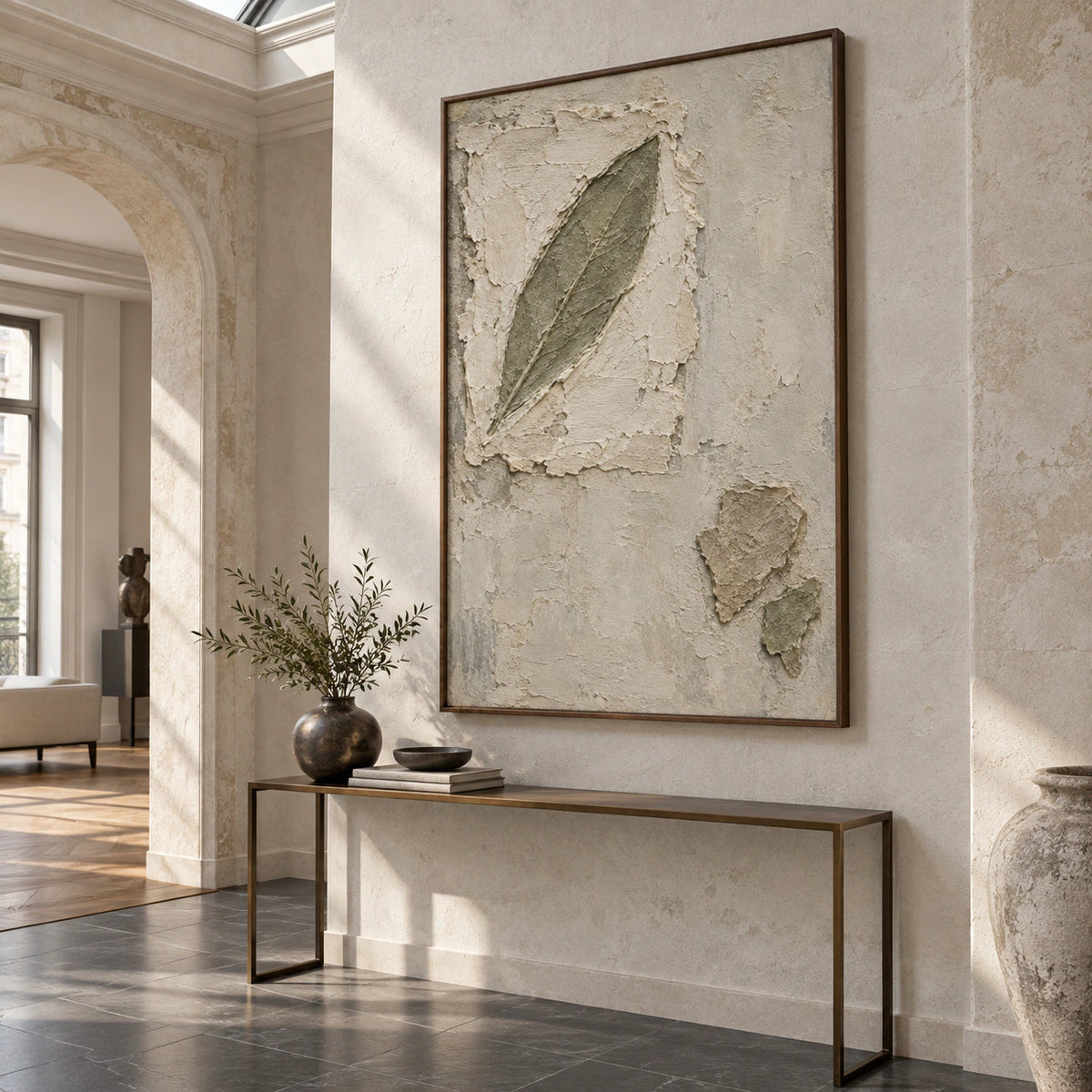 Veiled-Leaf displayed at gallery scale in a bright stone foyer.